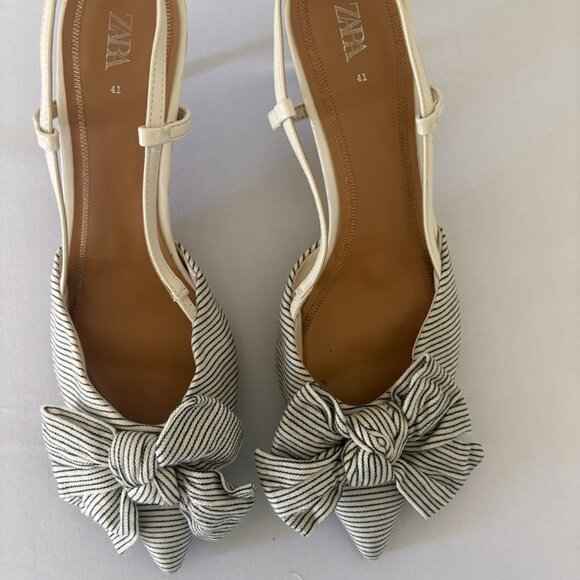 ZARA Slingback Striped Bow Pointed Toe Heels Ivory Fabric - Picture 4 of 8